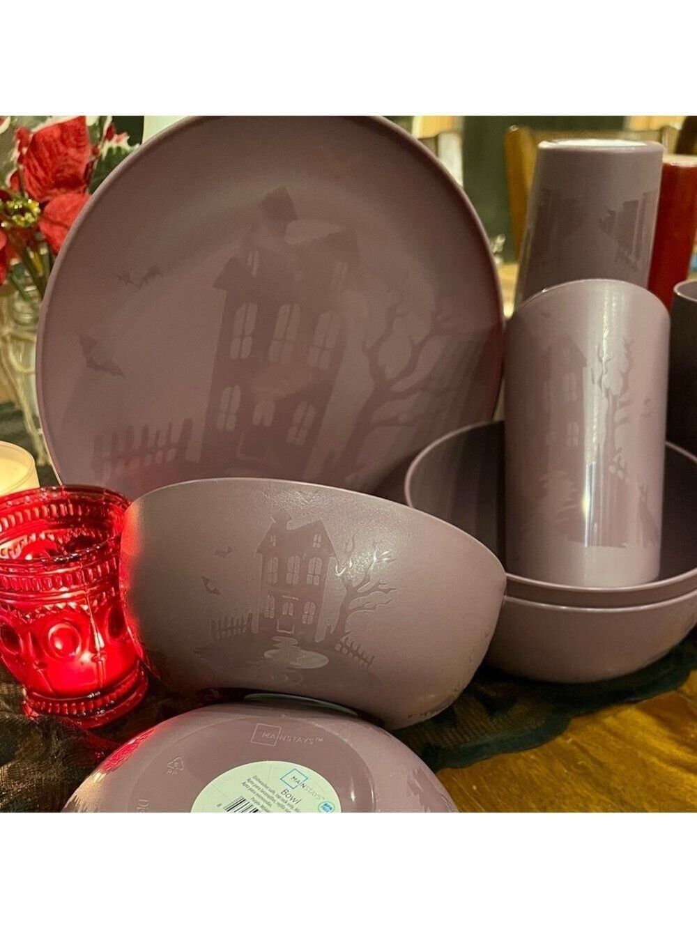 Mainstays Haunted House Dinnerware Set Purple Plum 3 Piece 3-Piece - Picture 3 of 16